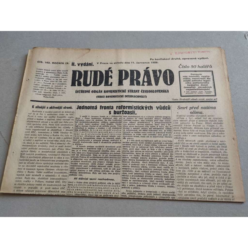 Rudé právo (11.7.1928) - ročník IX. - staré noviny - Ústřední orgán komunistické strany [komunisté, komunismus]