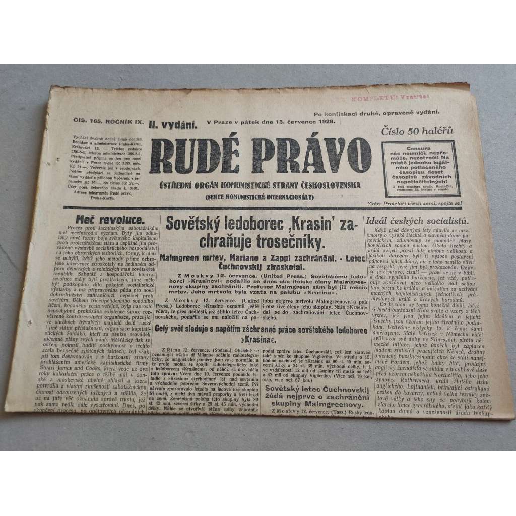 Rudé právo (13.7.1928) - ročník IX. - staré noviny - Ústřední orgán komunistické strany [komunisté, komunismus]