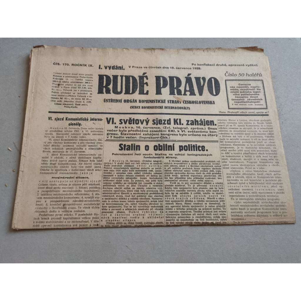 Rudé právo (19.7.1928) - ročník IX. - staré noviny - Ústřední orgán komunistické strany [komunisté, komunismus]