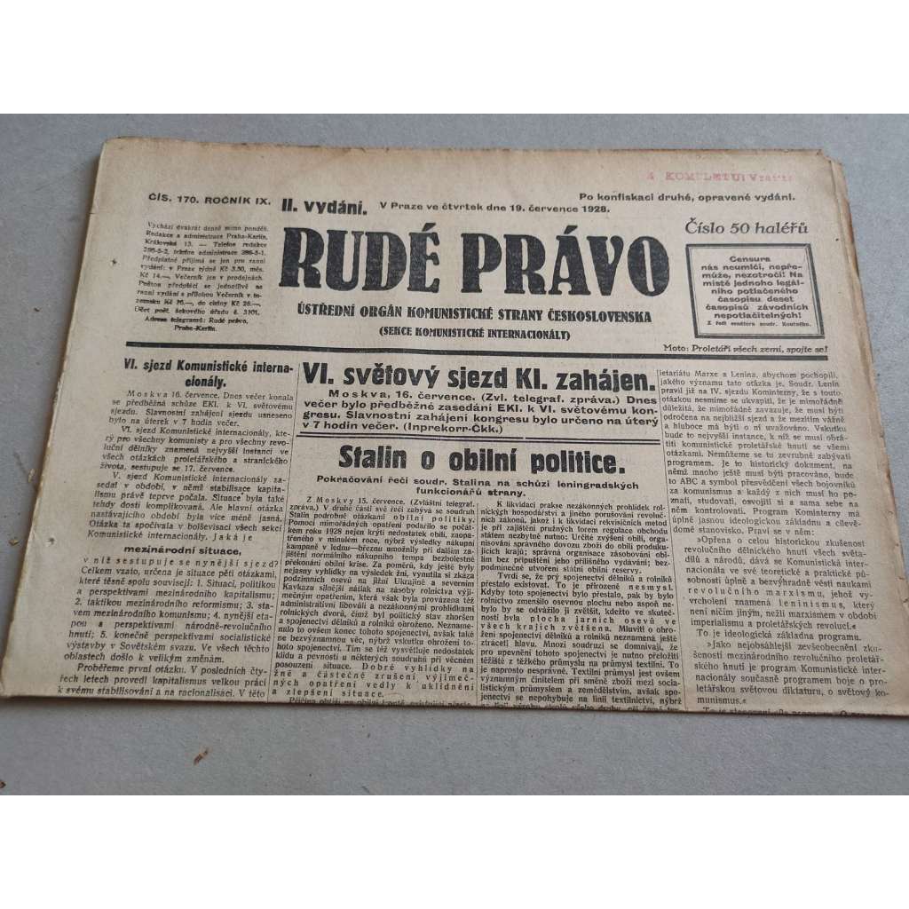 Rudé právo (19.7.1928) - ročník IX. - staré noviny - Ústřední orgán komunistické strany [komunisté, komunismus]