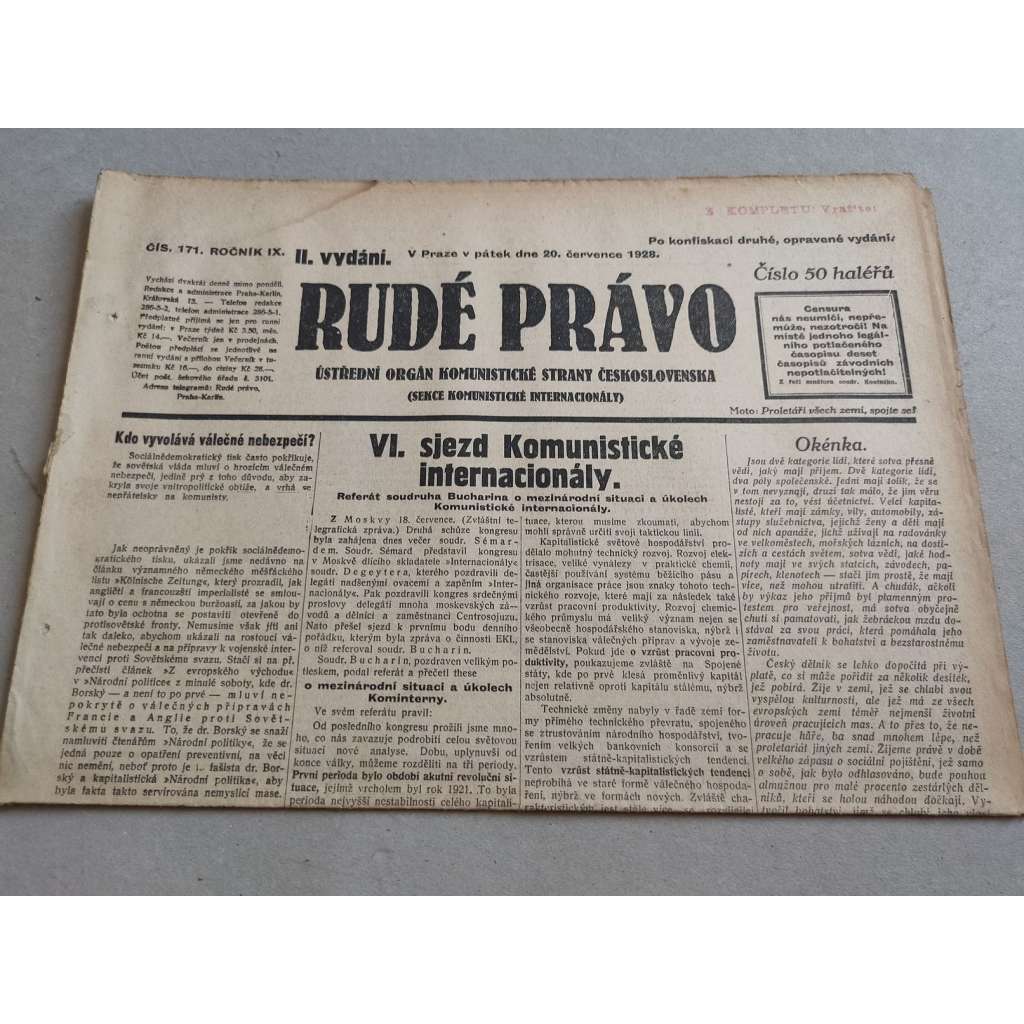 Rudé právo (20.7.1928) - ročník IX. - staré noviny - Ústřední orgán komunistické strany [komunisté, komunismus]