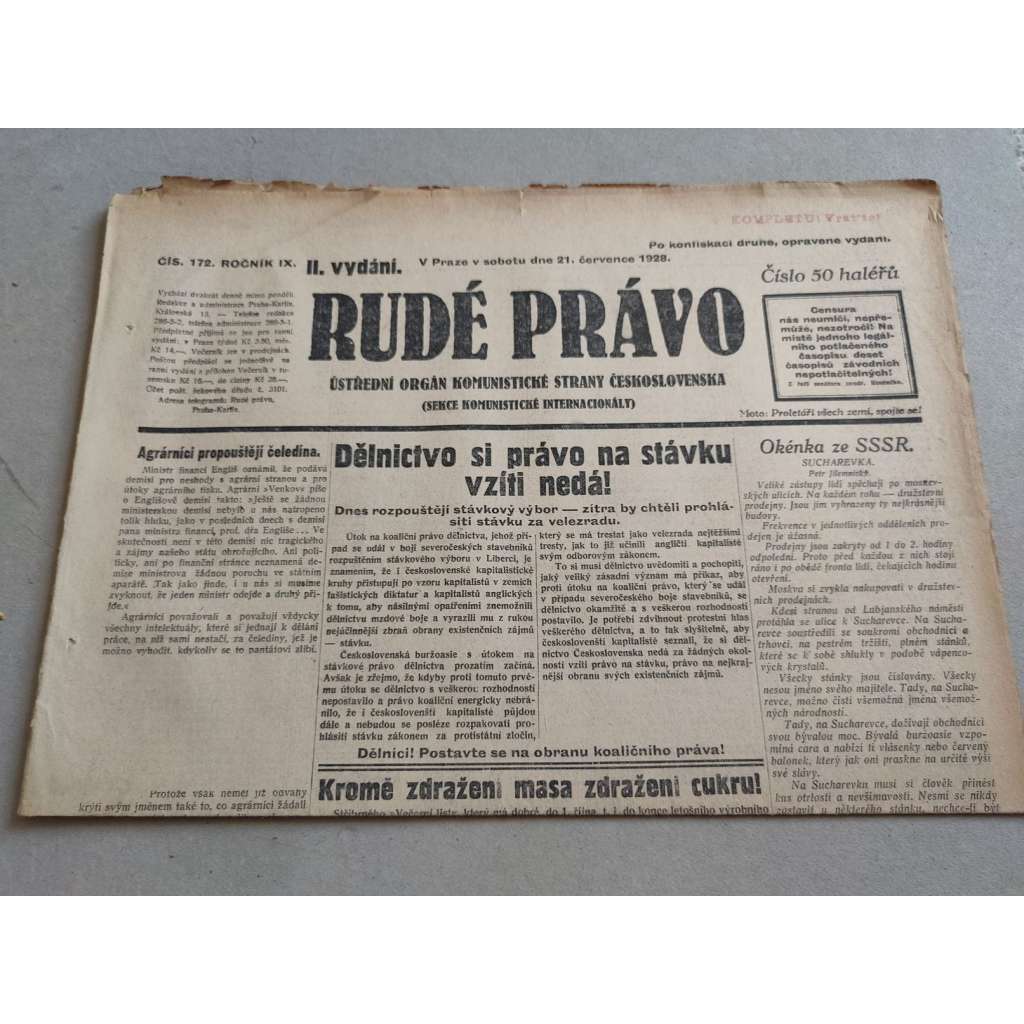 Rudé právo (21.7.1928) - ročník IX. - staré noviny - Ústřední orgán komunistické strany [komunisté, komunismus]