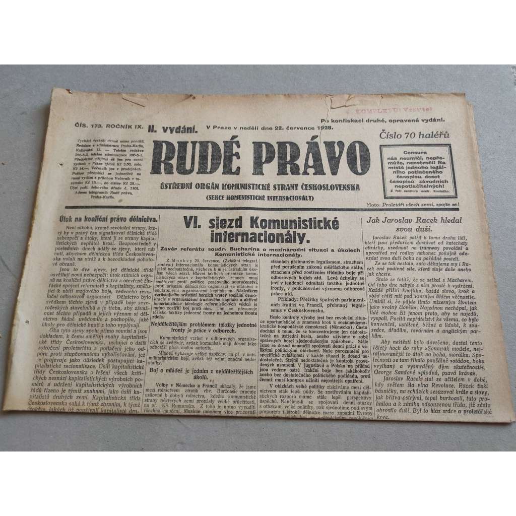 Rudé právo (22.7.1928) - ročník IX. - staré noviny - Ústřední orgán komunistické strany [komunisté, komunismus]