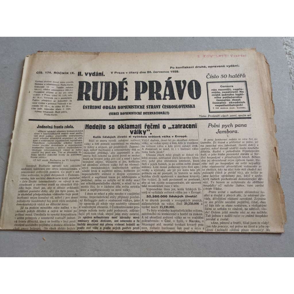 Rudé právo (24.7.1928) - ročník IX. - staré noviny - Ústřední orgán komunistické strany [komunisté, komunismus]