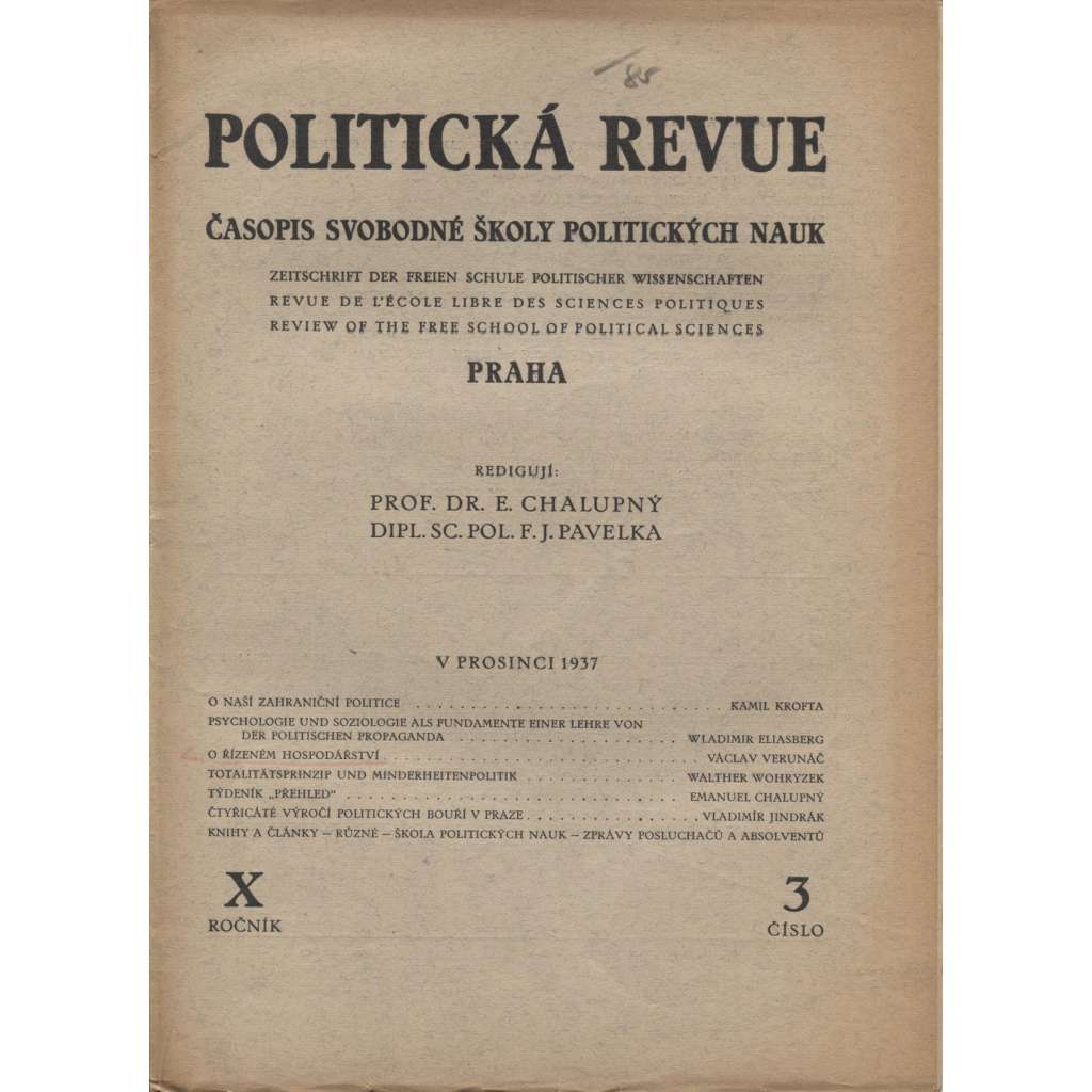 Politická revue, ročník X., číslo 3./1937. Časopis Svobodné školy politických nauk