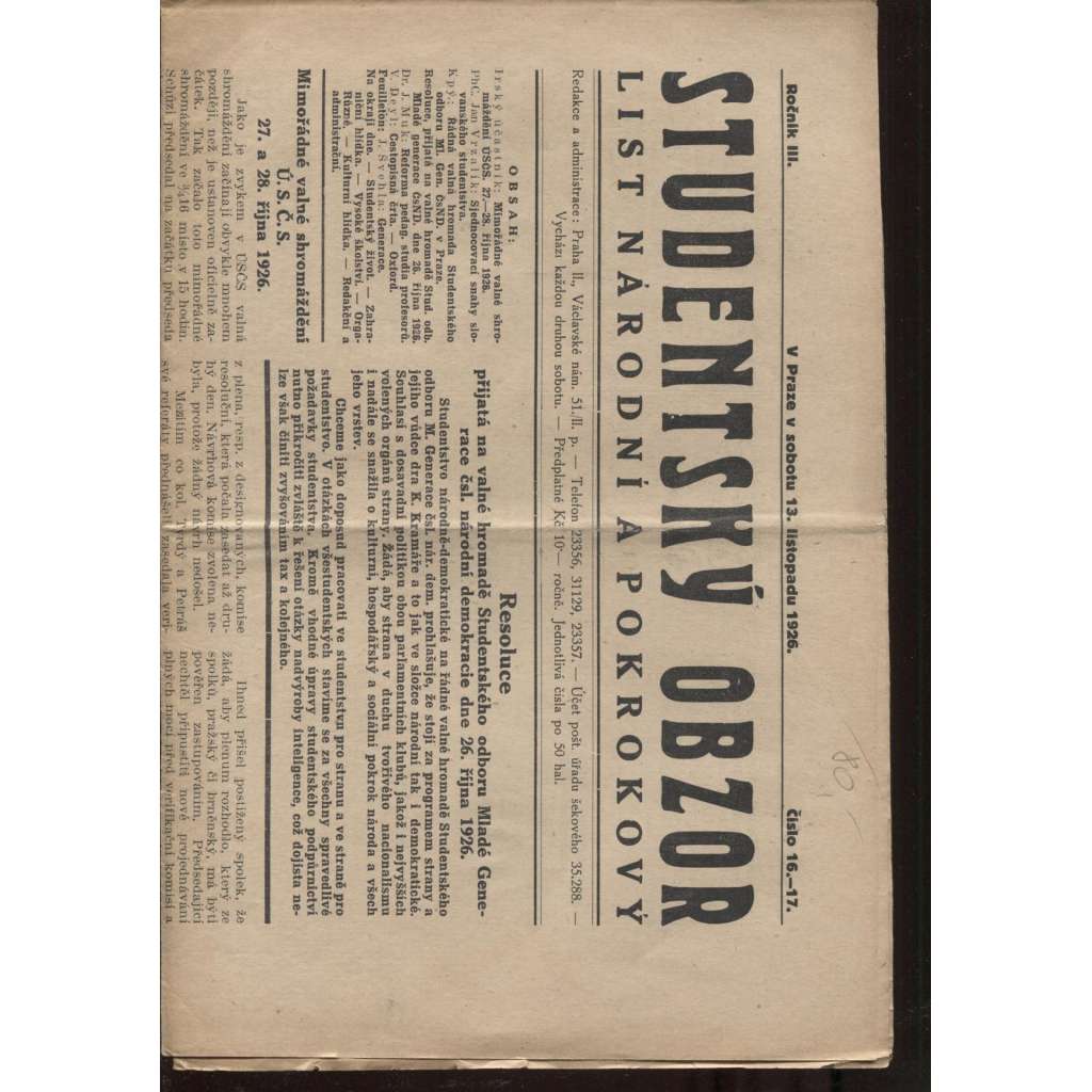 Studentský obzor, ročník III., číslo 16.-17./1926 (noviny 1. republika)