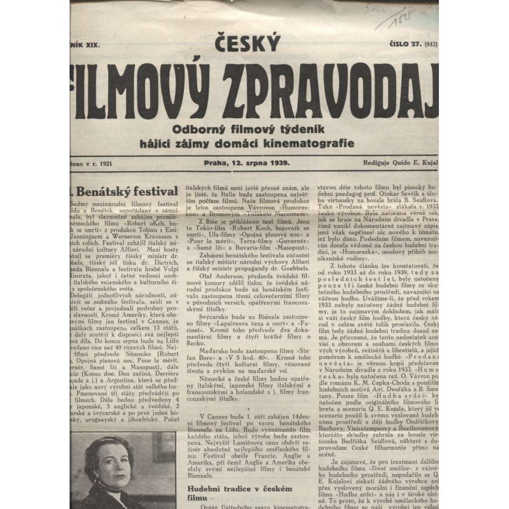 Český filmový zpravodaj, ročník XIX/1939, číslo 27.