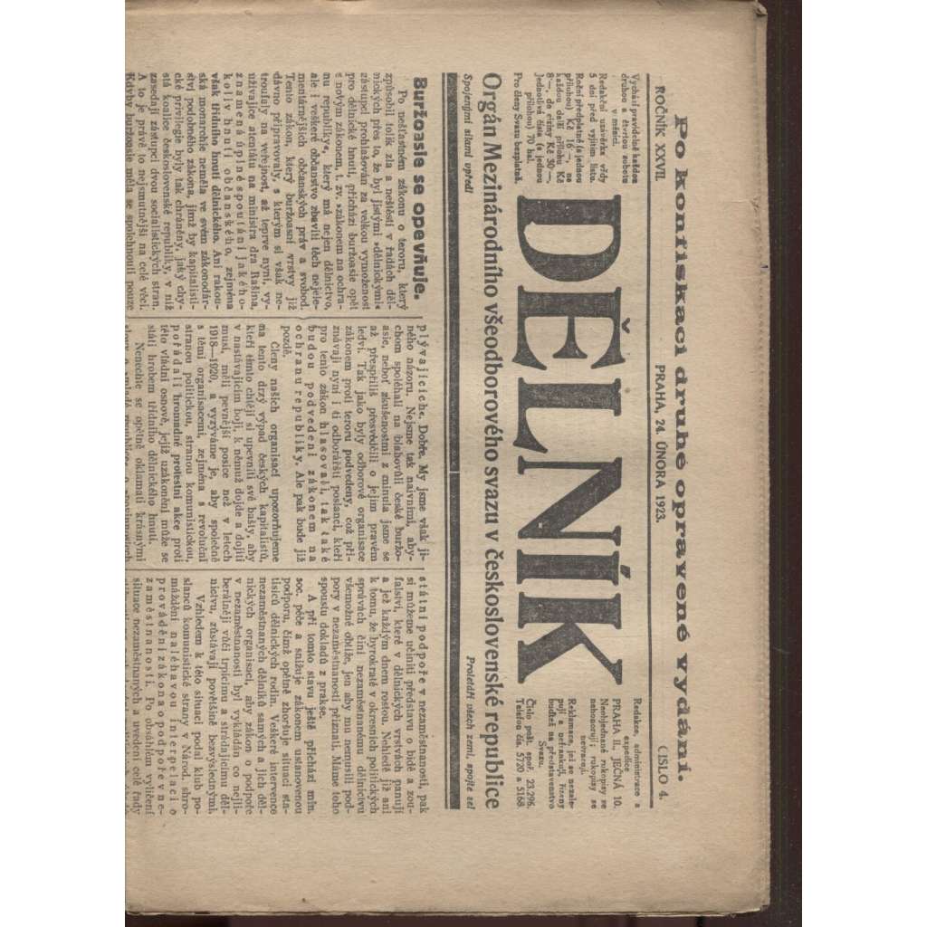 Dělník (24.2.1923) - 1. republika, staré noviny (ročník 27.) Orgán Mezinárodního všeodborového svazu v československé republice (odbory)