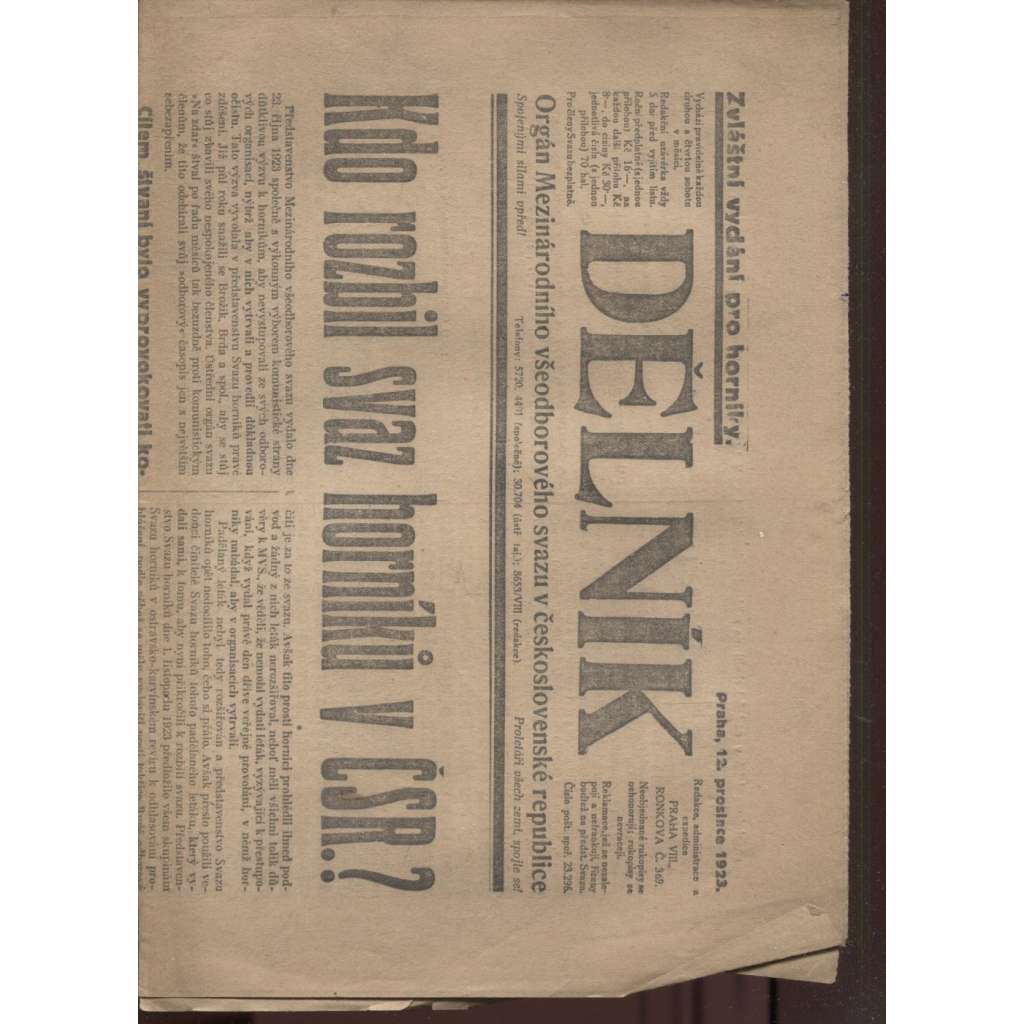 Dělník (12.12.1923) - 1. republika, staré noviny. Orgán Mezinárodního všeodborového svazu v československé republice (odbory)