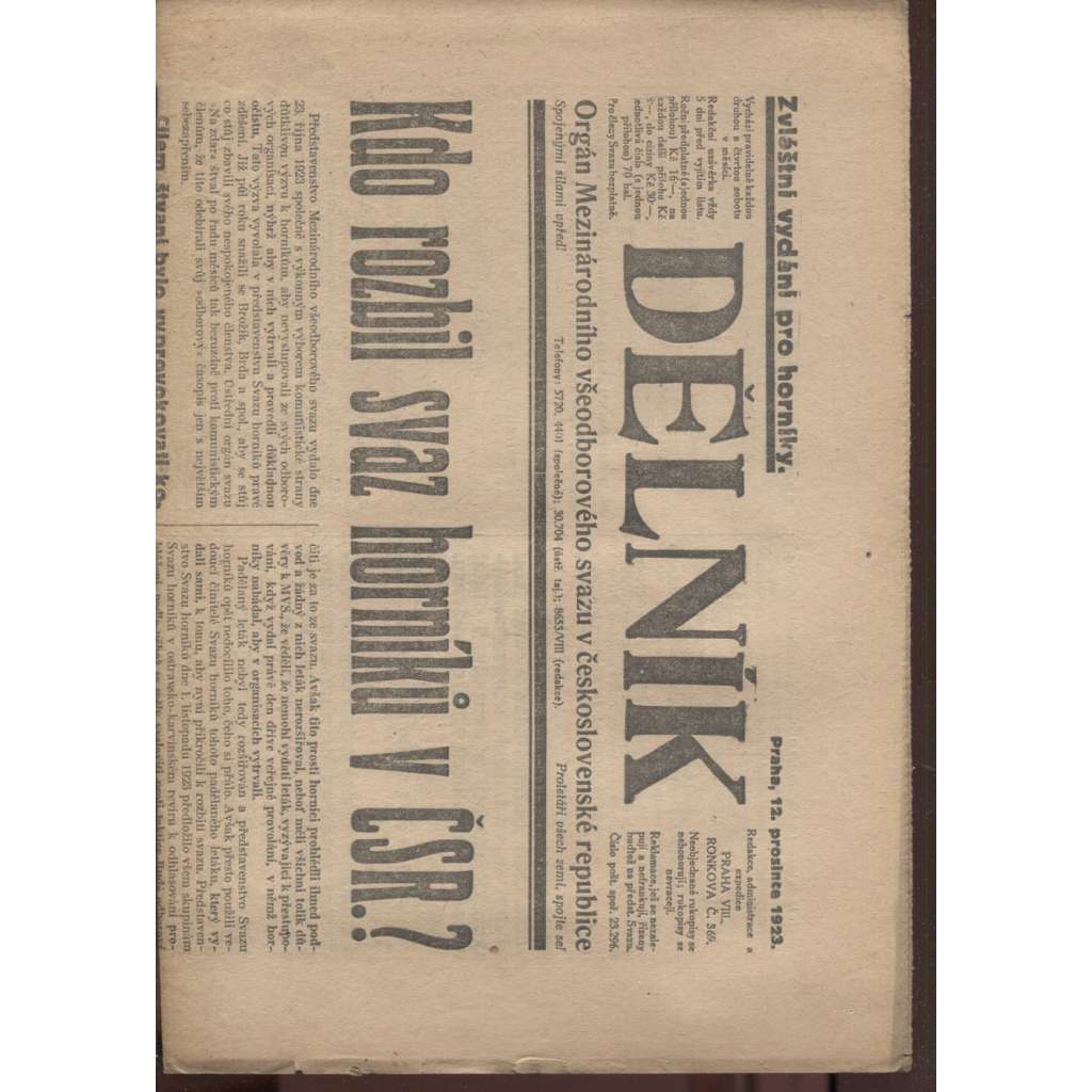 Dělník (12.12.1923) - 1. republika, staré noviny. Orgán Mezinárodního všeodborového svazu v československé republice (odbory)