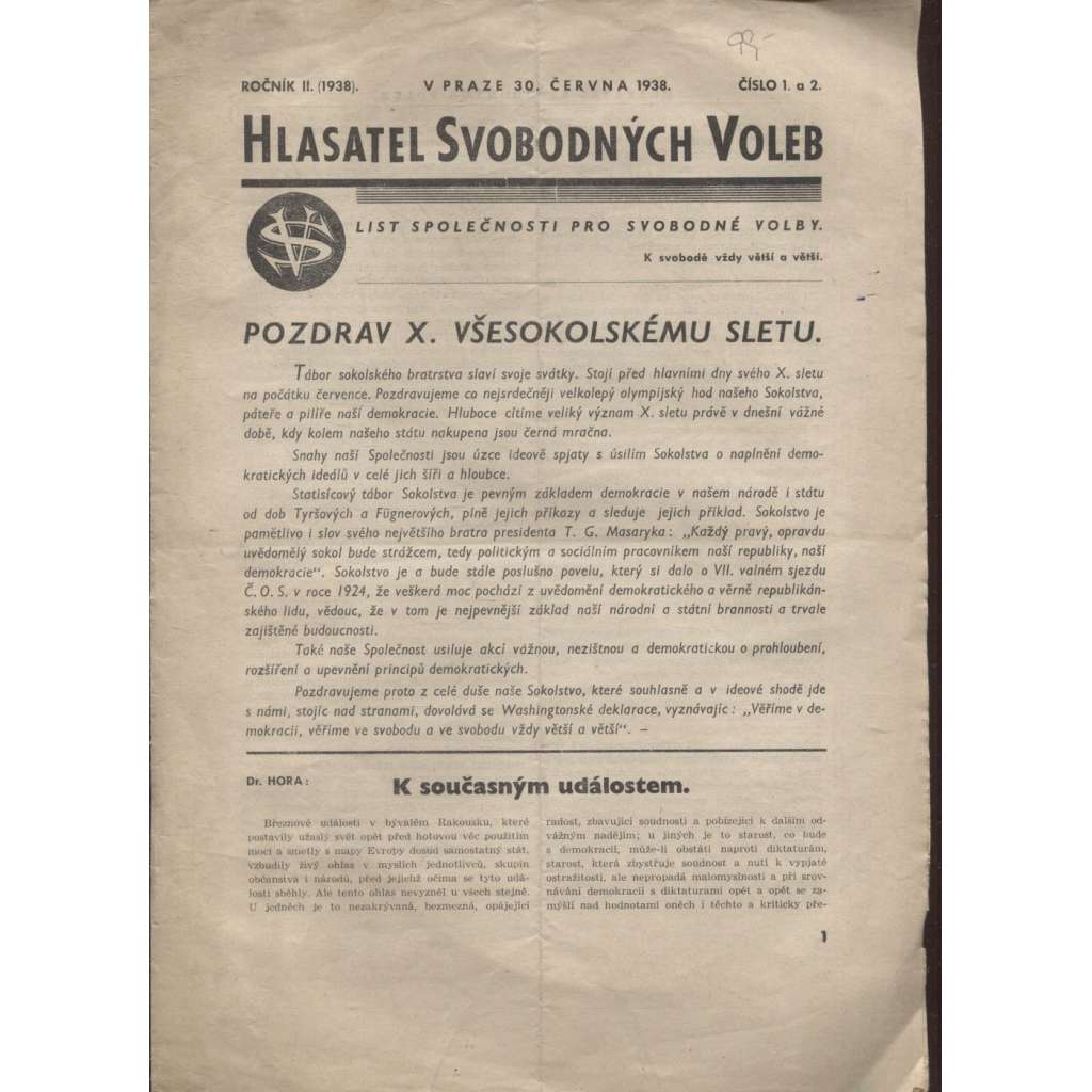 Hlasatel Svobodných voleb (30.6.1938) - 1. republika, staré noviny