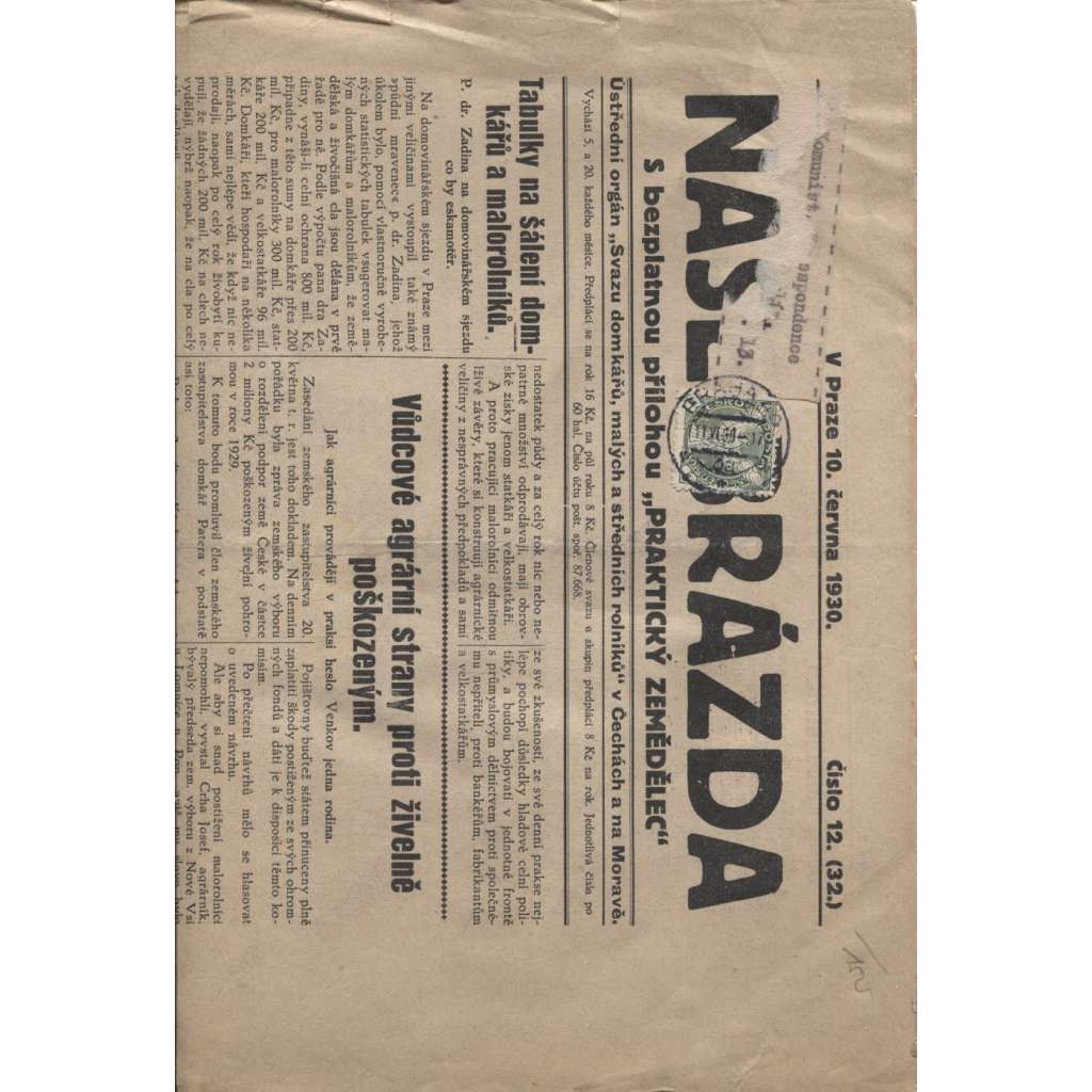 Naše brázda (10.6.1930) - 1. republika, staré noviny