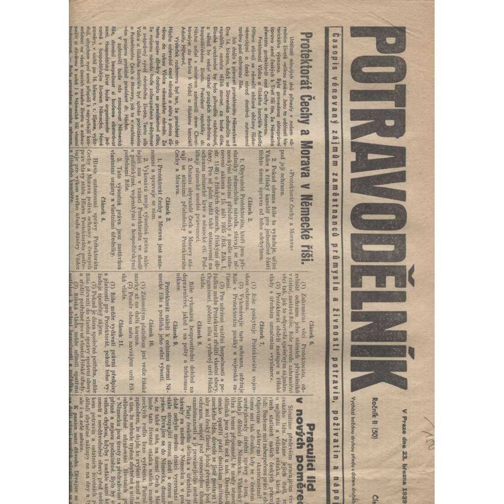 Potravodělník (23.3.1939) - Protektorát, staré noviny (Časopis věnovaný zájmům zaměstnanců průmyslu a živnosti potravin, poživatin a nápojů
