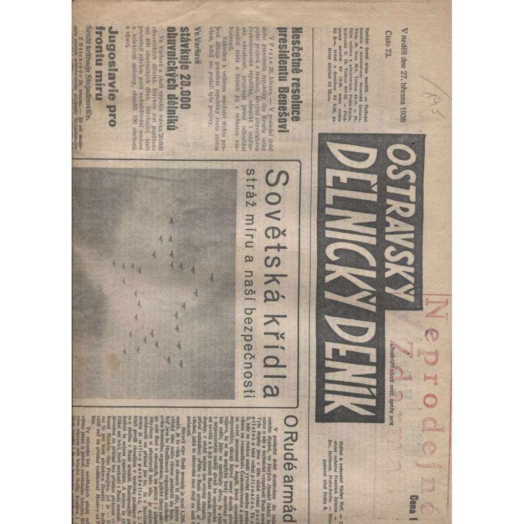 Ostravský dělnický deník (27.3.1938) - 1. republika, staré noviny - Ostrava