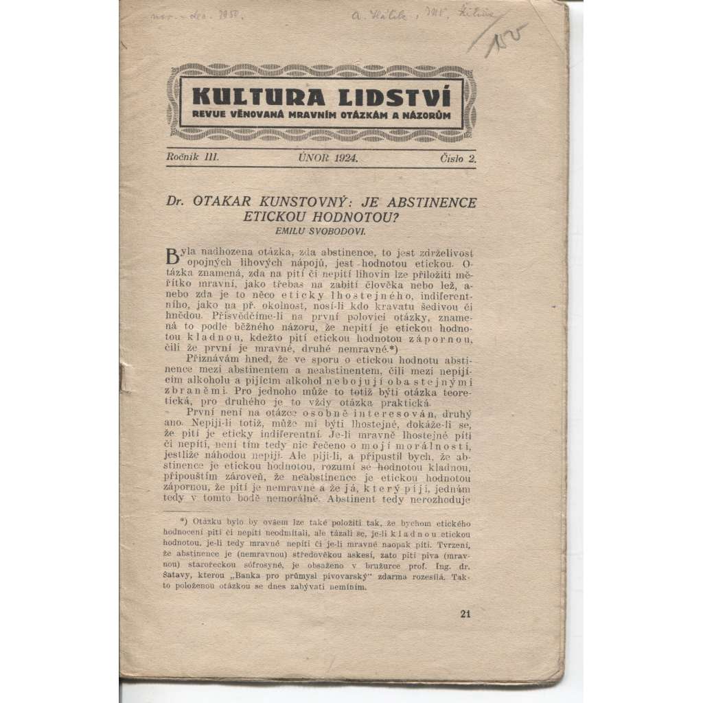 Kultura lidství, ročník III., číslo 2/1924. Revue věnovaná mravním otázkám a názorům