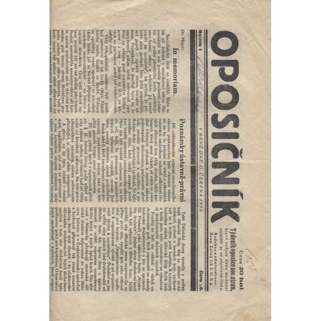 Oposičník (17.6.1933) - 1. republika, staré noviny