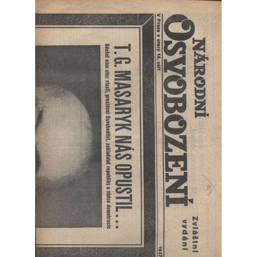 Národní osvobození (14.9.1937) - staré noviny, 1. republika, prezident, úmrtí T. G. Masaryk