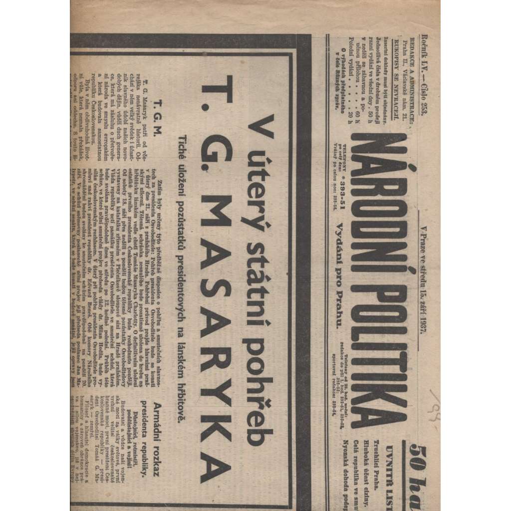 Národní politika (15.9.1937) - staré noviny, 1. republika, prezident, úmrtí T. G. Masaryk