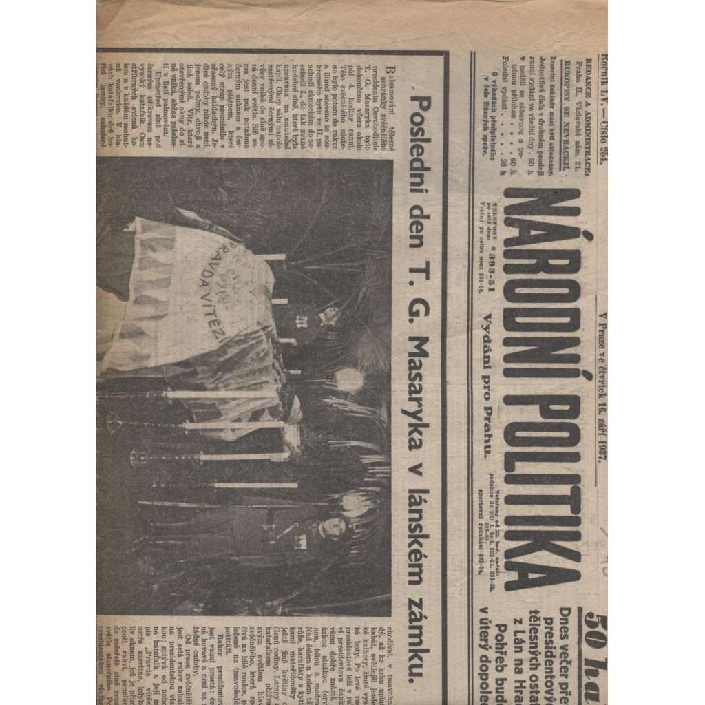 Národní politika (16.9.1937) - staré noviny, 1. republika, prezident, úmrtí T. G. Masaryk