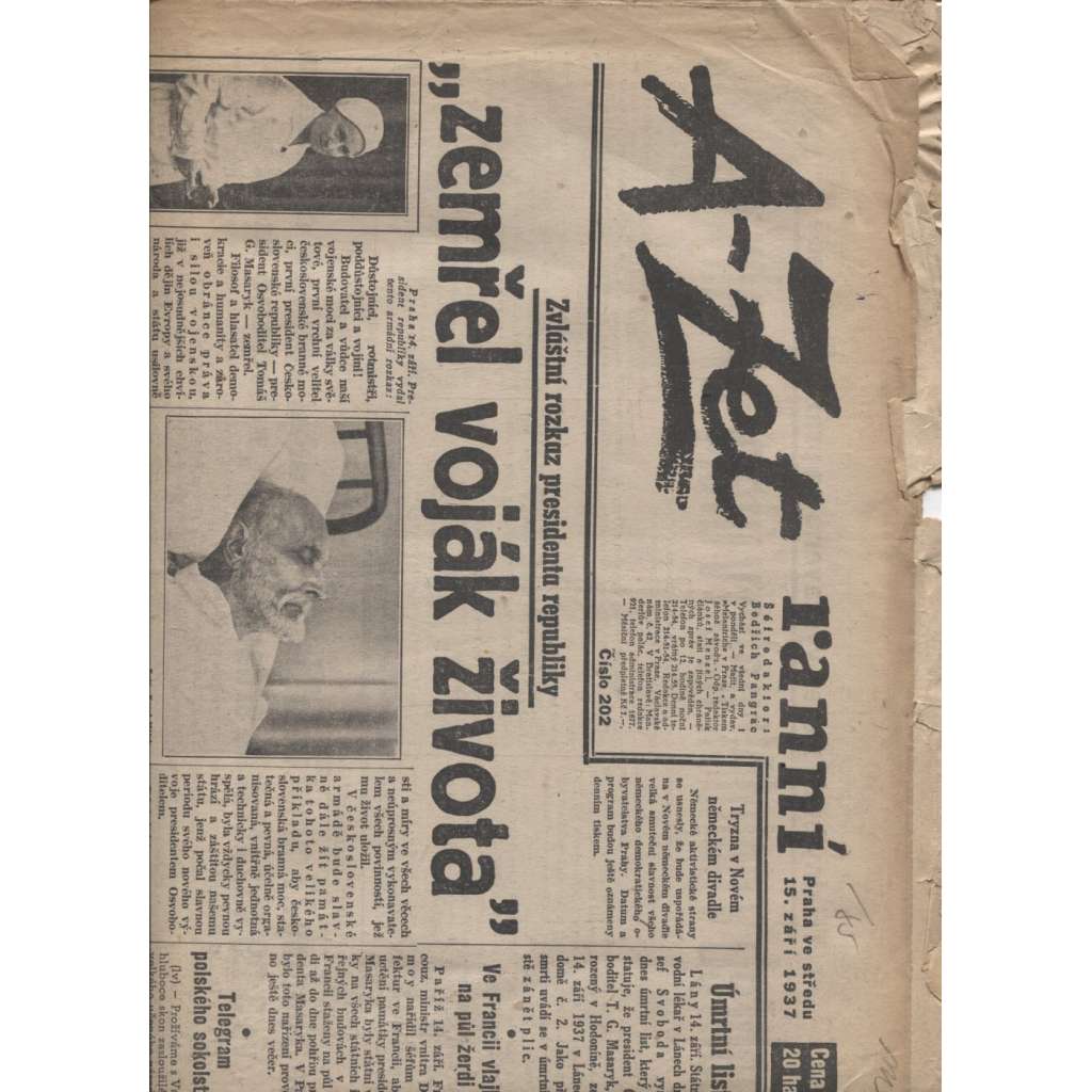A-Zet ranní (15.9.1937) - staré noviny, 1. republika, prezident, úmrtí T. G. Masaryk
