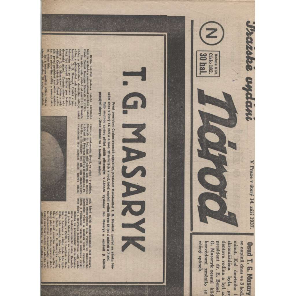 Národ - Pražské vydání (14.9.1937) - staré noviny, 1. republika, prezident, úmrtí T. G. Masaryk
