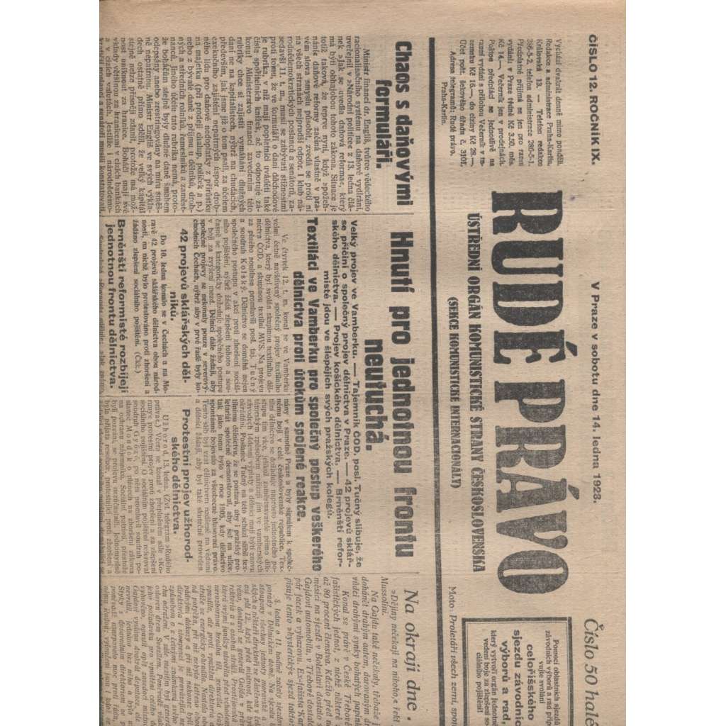 Rudé právo (14.1.1928) - 1. republika, staré noviny