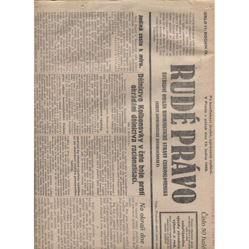 Rudé právo (13.1.1928) - 1. republika, staré noviny