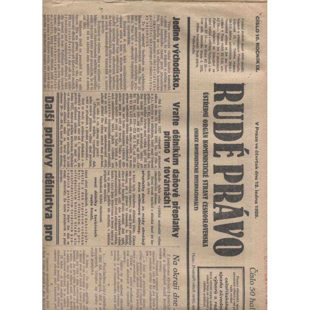 Rudé právo (12.1.1928) - 1. republika, staré noviny