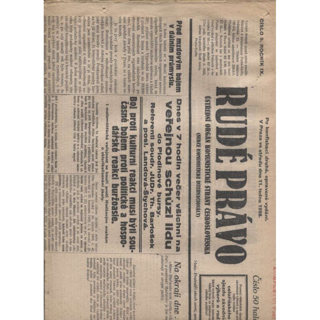 Rudé právo (11.1.1928) - 1. republika, staré noviny