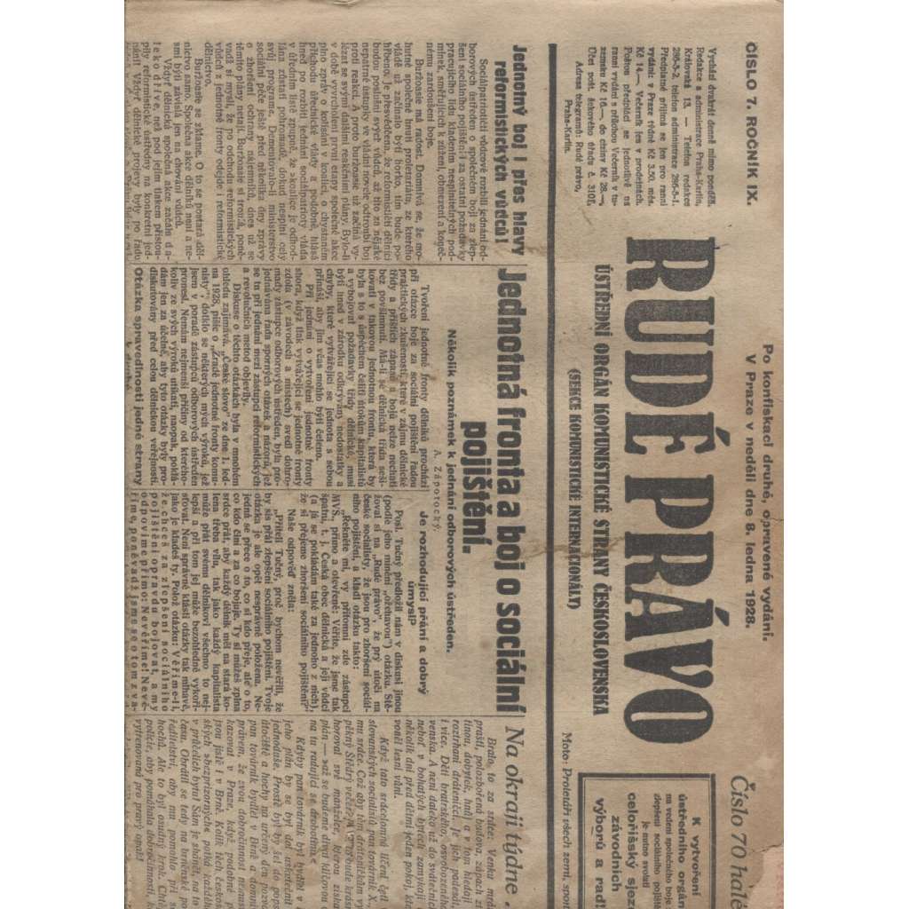 Rudé právo (8.1.1928) - 1. republika, staré noviny
