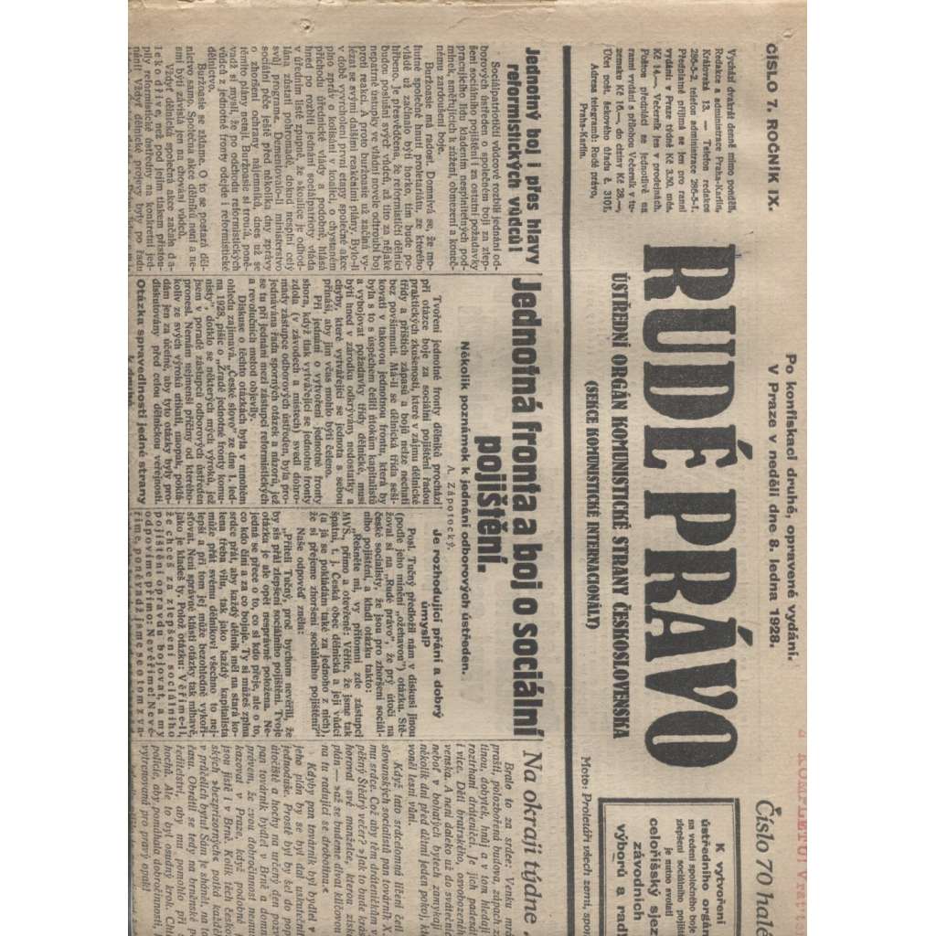 Rudé právo (8.1.1928) - 1. republika, staré noviny