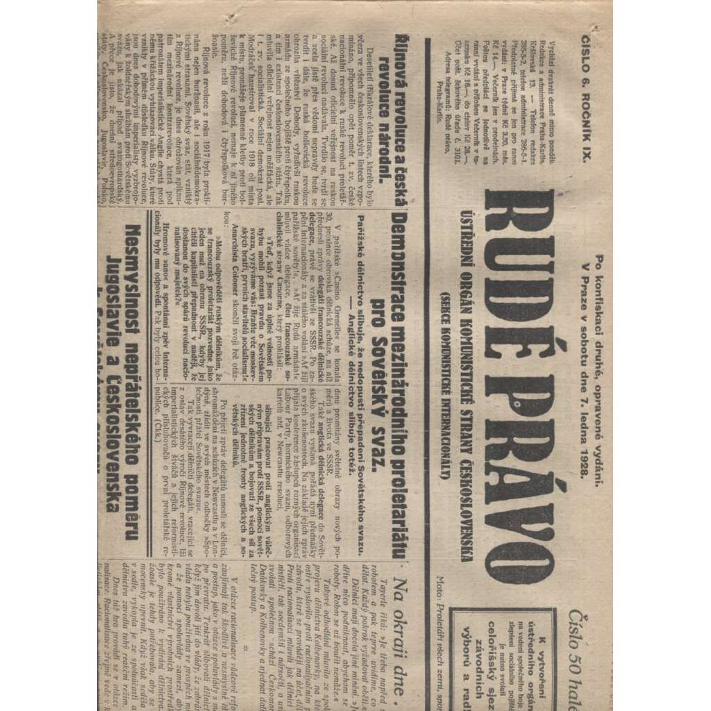 Rudé právo (7.1.1928) - 1. republika, staré noviny