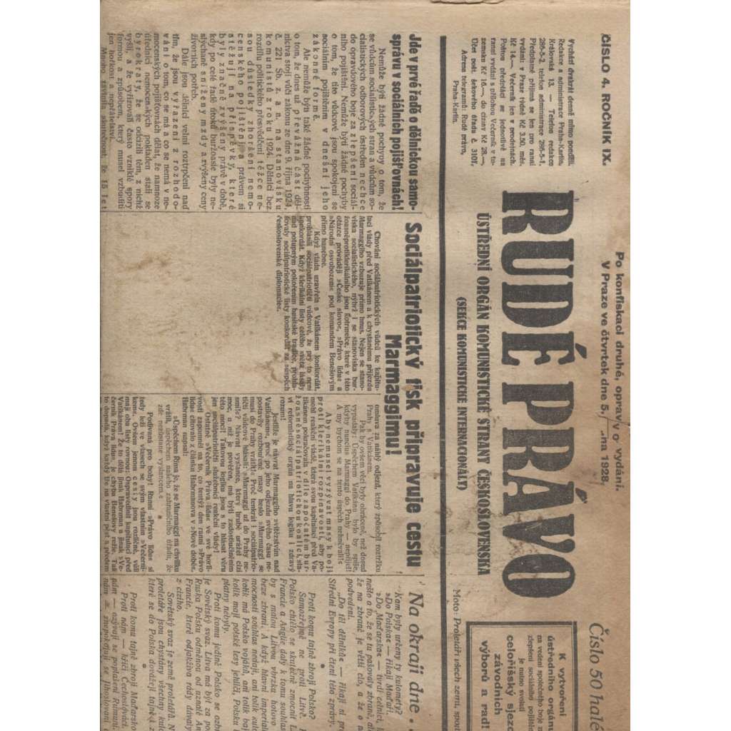 Rudé právo (5.1.1928) - 1. republika, staré noviny (pošk.)
