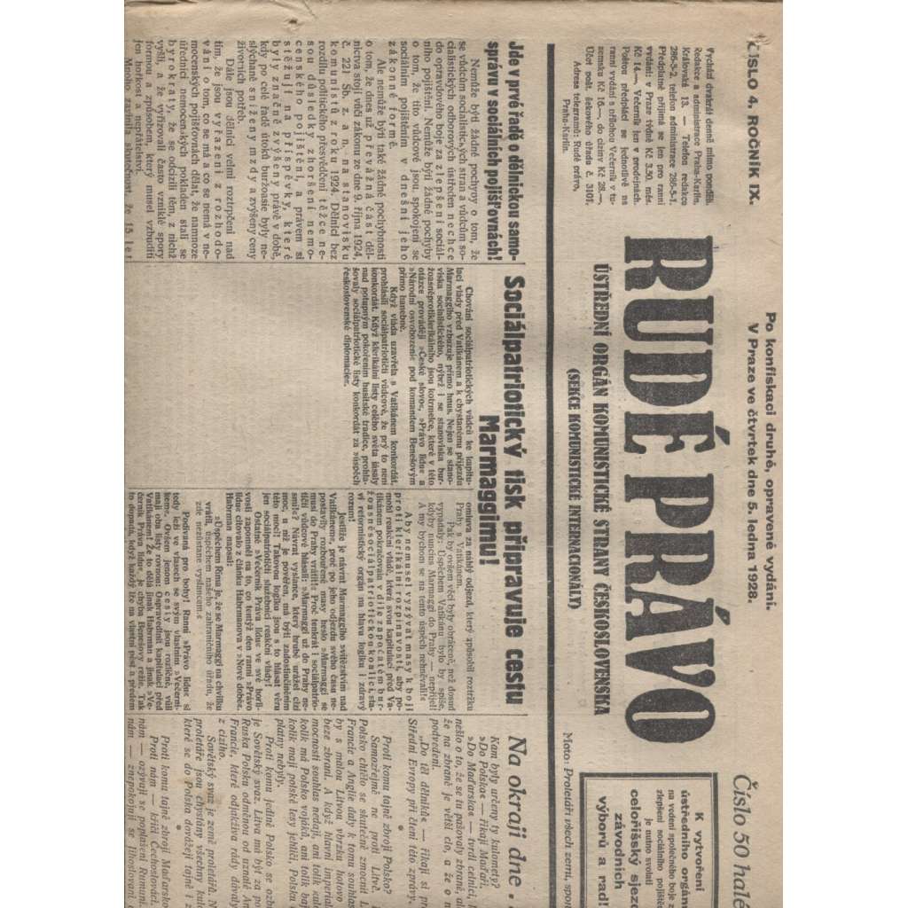 Rudé právo (5.1.1928) - 1. republika, staré noviny
