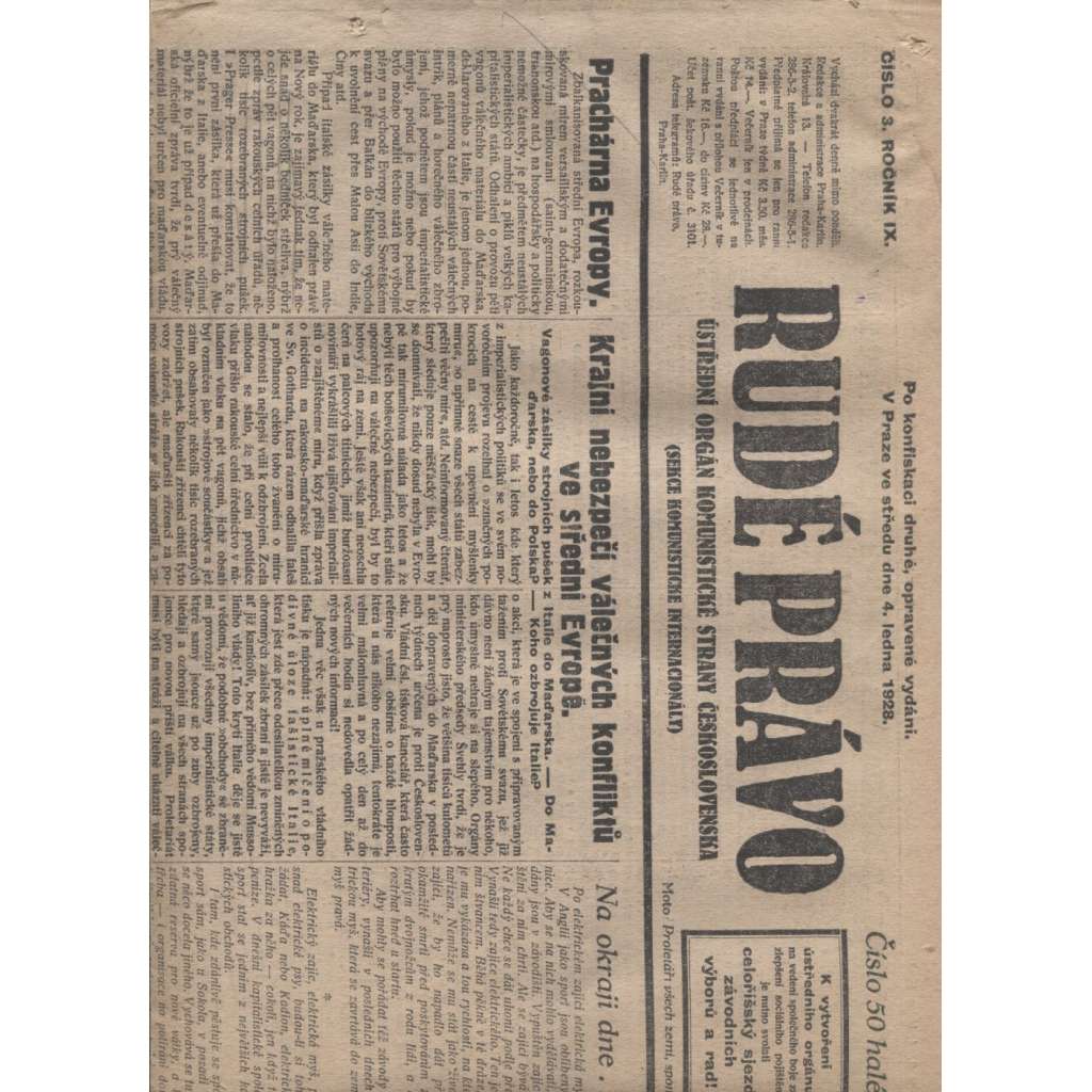 Rudé právo (4.1.1928) - 1. republika, staré noviny