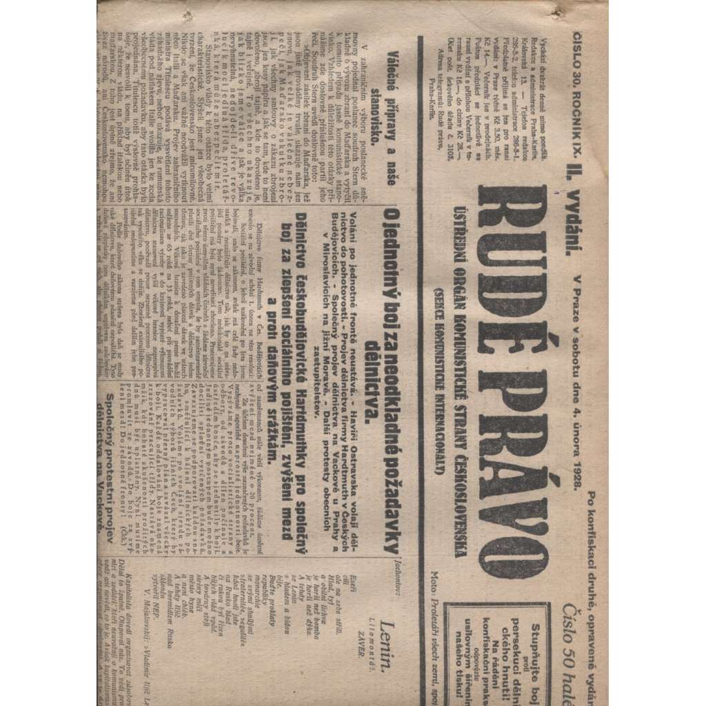 Rudé právo (4.2.1928) - 1. republika, staré noviny