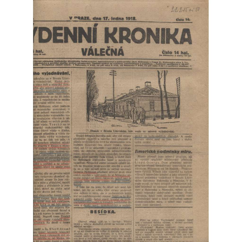 Týdenní kronika válečná (17.1.1918) - staré noviny, I. světová válka