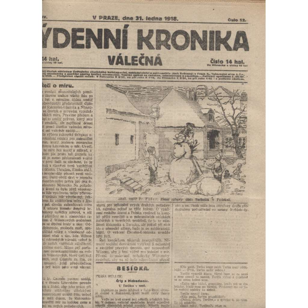 Týdenní kronika válečná (31.1.1918) - staré noviny, I. světová válka