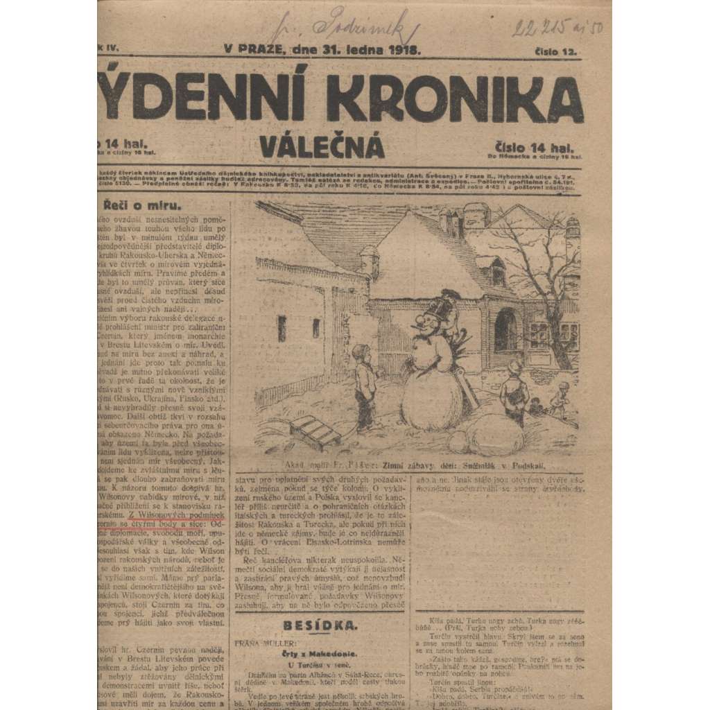 Týdenní kronika válečná (31.1.1918) - staré noviny, I. světová válka