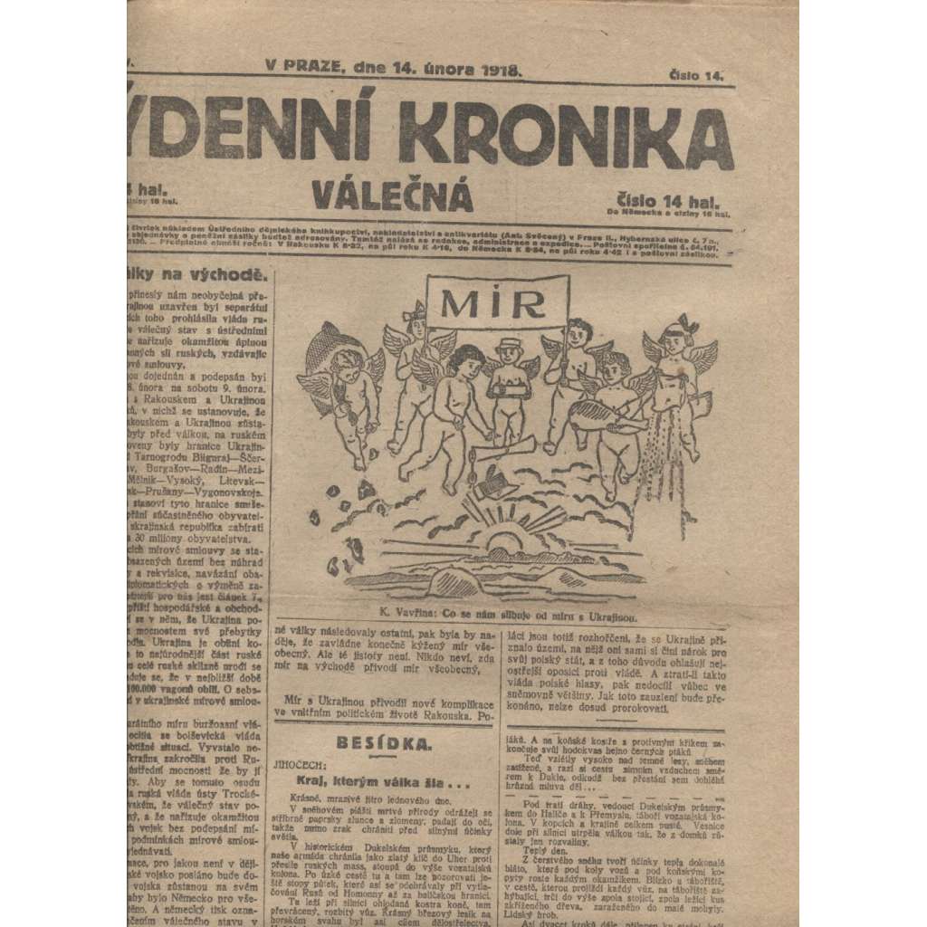 Týdenní kronika válečná (14.2.1918) - staré noviny, I. světová válka