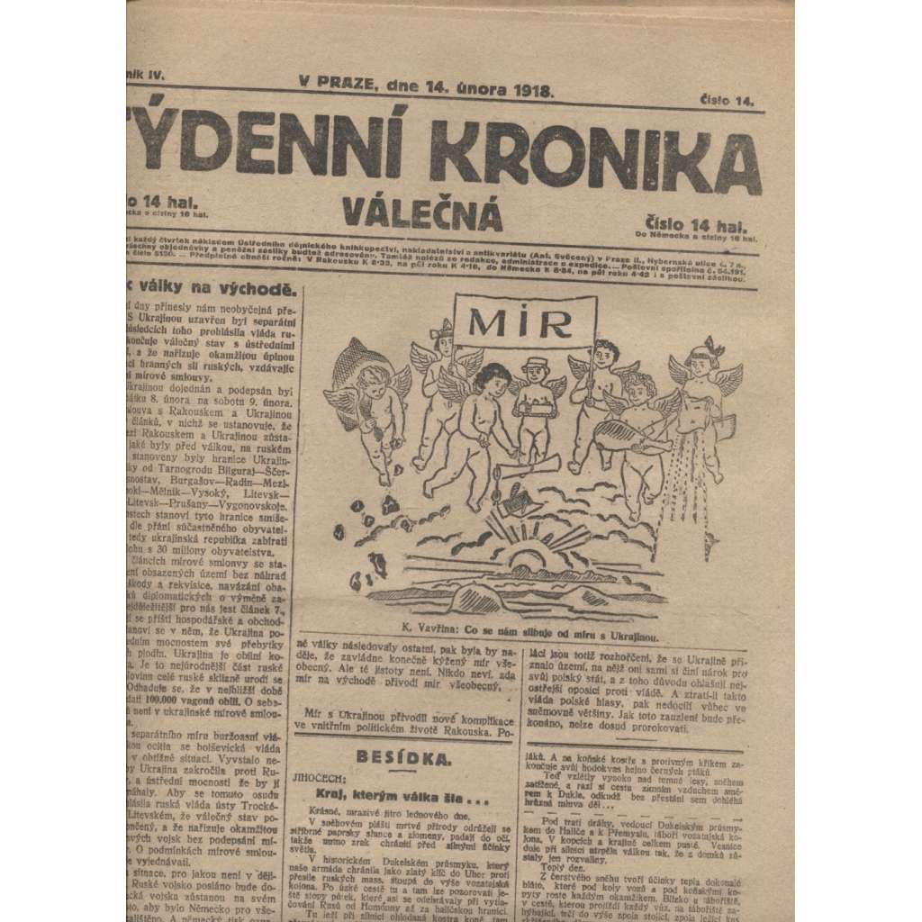 Týdenní kronika válečná (14.2.1918) - staré noviny, I. světová válka