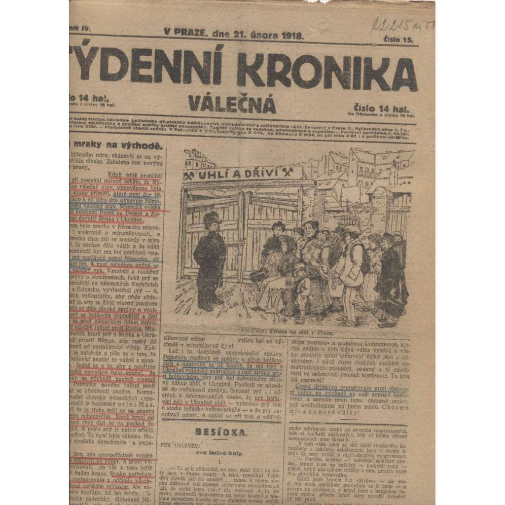 Týdenní kronika válečná (21.2.1918) - staré noviny, I. světová válka