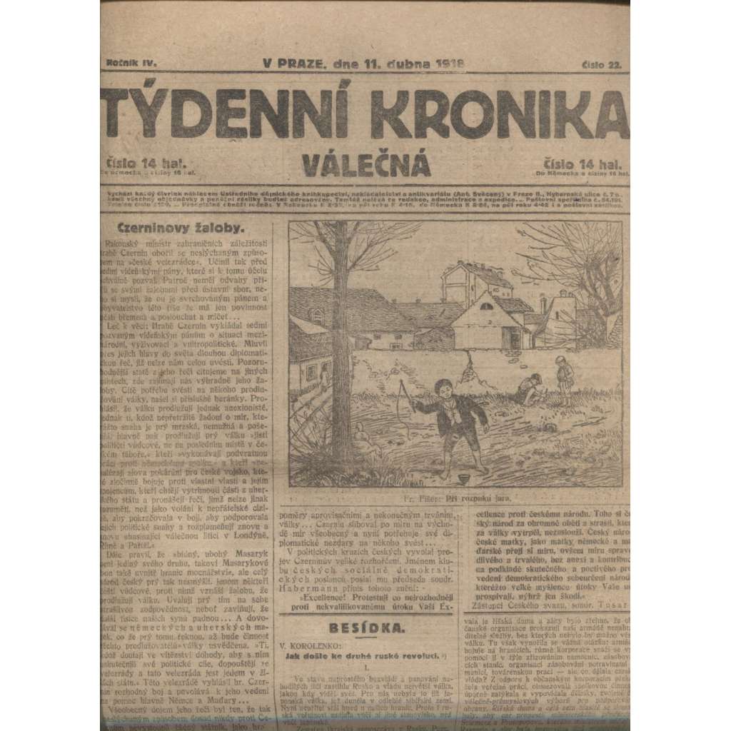 Týdenní kronika válečná (11.4.1918) - staré noviny, I. světová válka