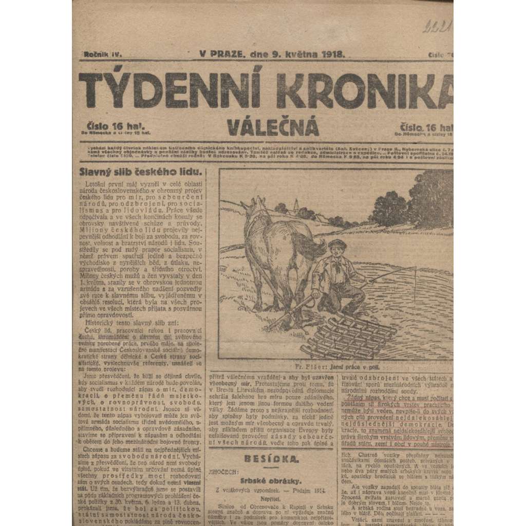 Týdenní kronika válečná (9.5.1918) - staré noviny, I. světová válka