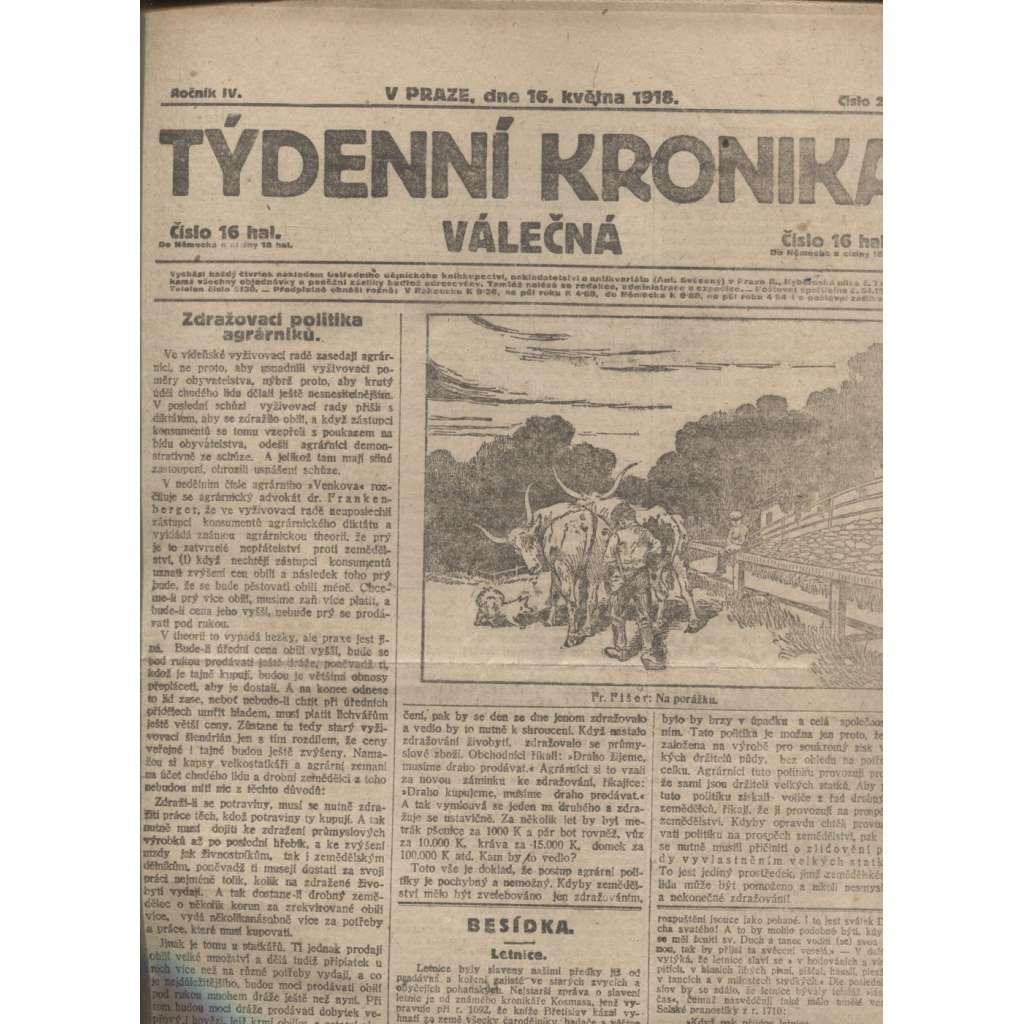 Týdenní kronika válečná (16.5.1918) - staré noviny, I. světová válka