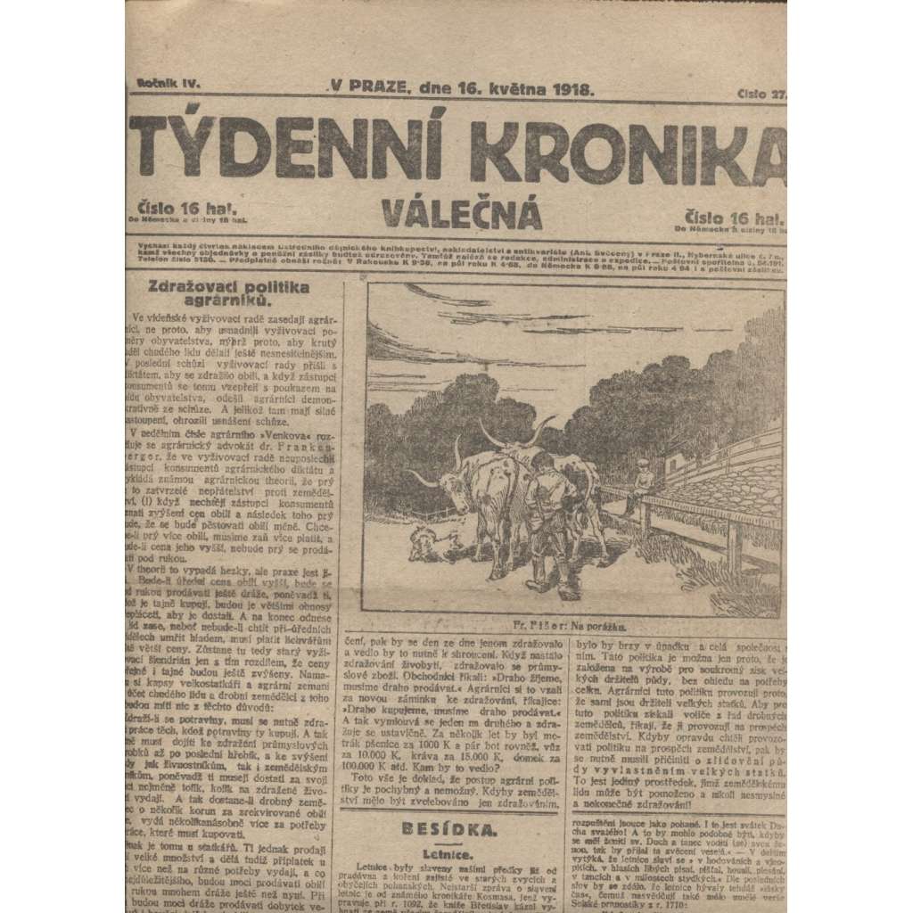 Týdenní kronika válečná (16.5.1918) - staré noviny, I. světová válka