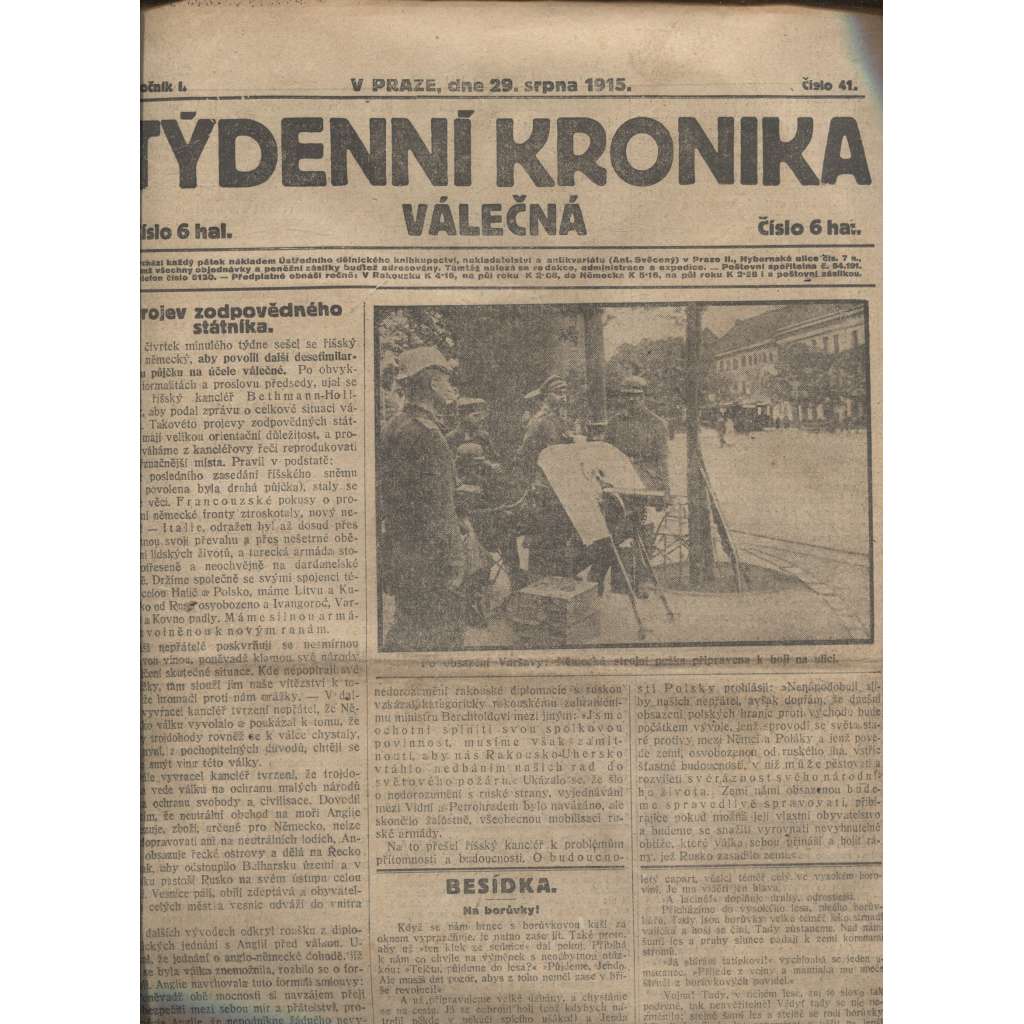 Týdenní kronika válečná (29.8.1915) - staré noviny, I. světová válka (není kompletní)