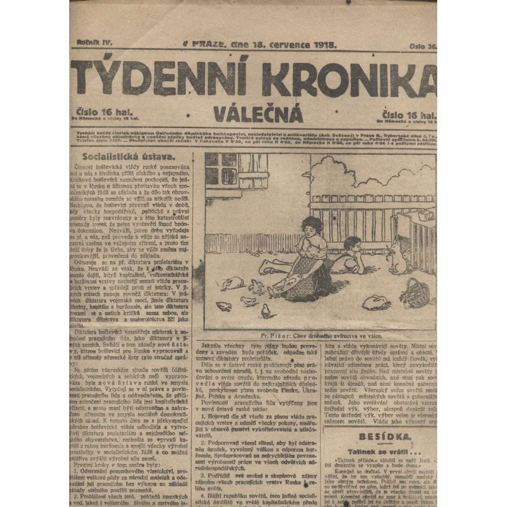 Týdenní kronika válečná (18.7.1918) - staré noviny, I. světová válka