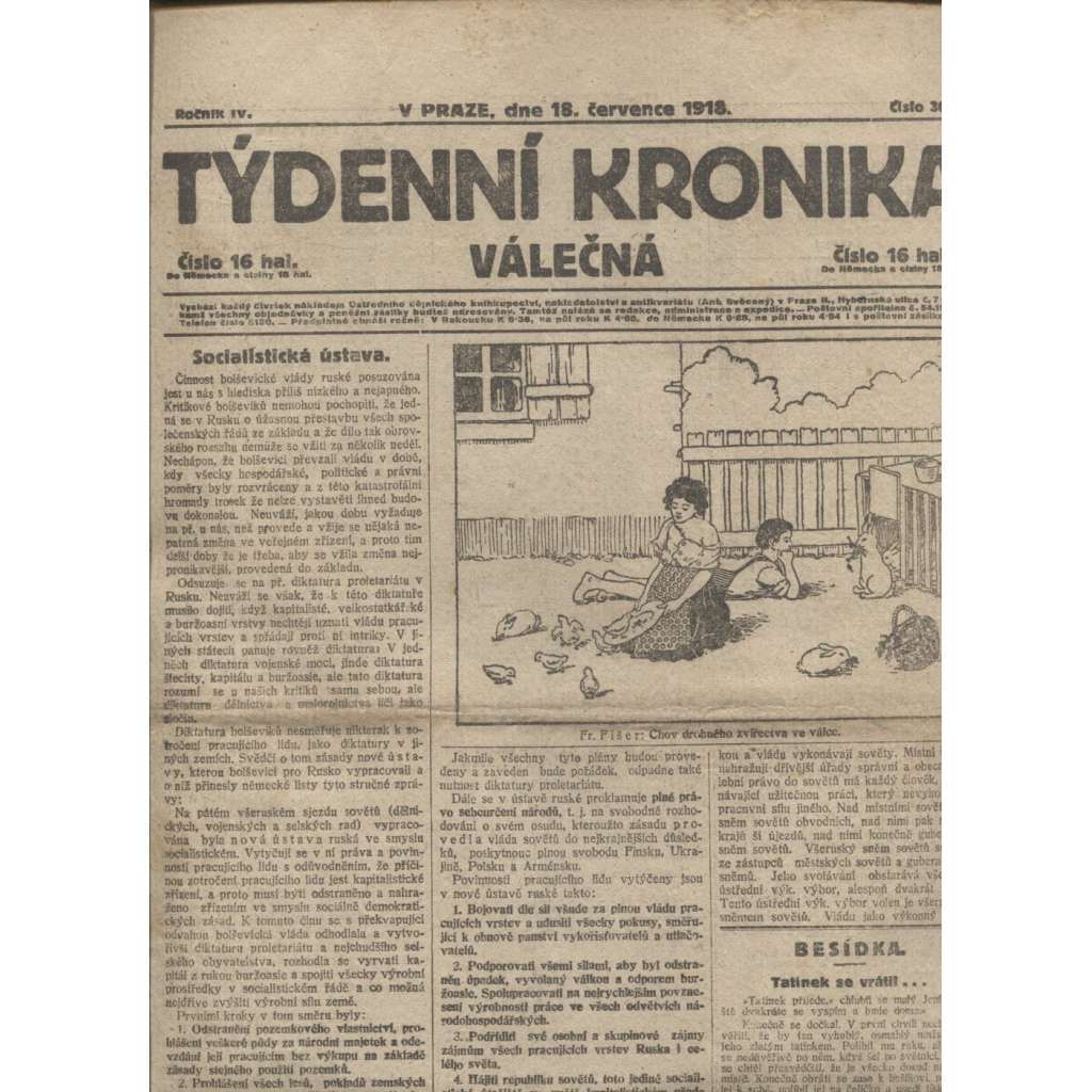 Týdenní kronika válečná (18.7.1918) - staré noviny, I. světová válka (pošk)