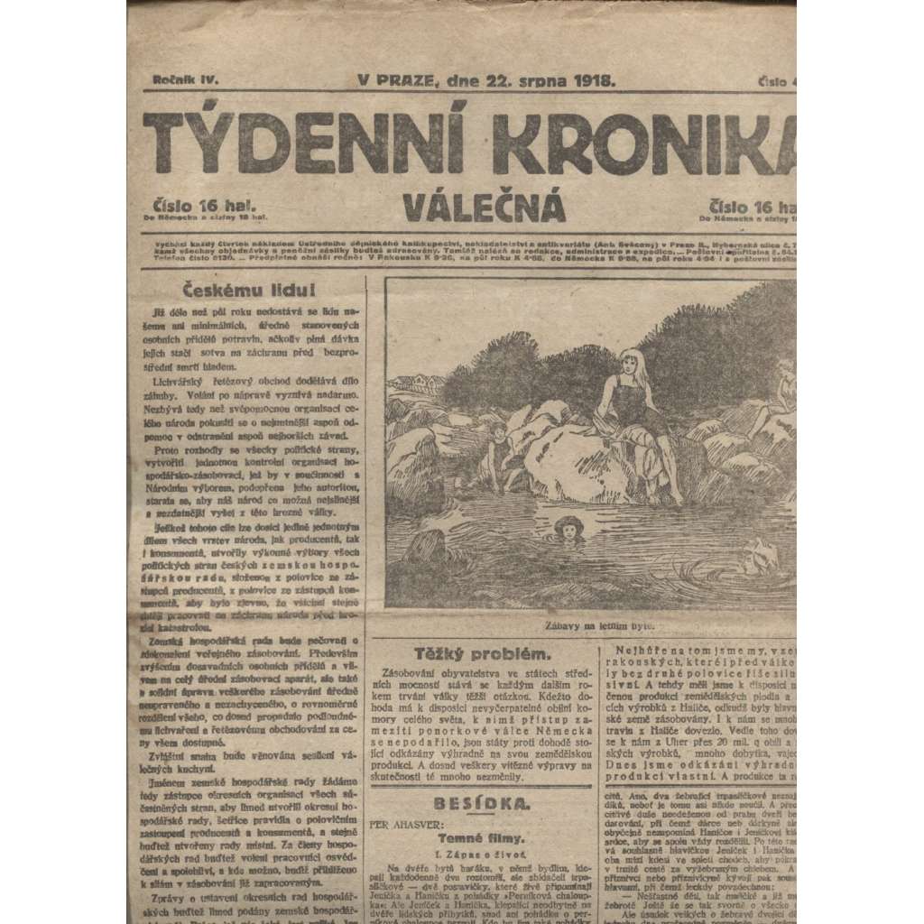 Týdenní kronika válečná (22.8.1918) - staré noviny, I. světová válka